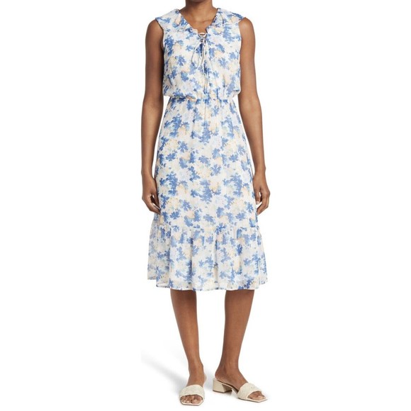 Collective Concepts Womens Floral Ruffle Detail Lace Up Midi Dress Size S NWT - Picture 1 of 12